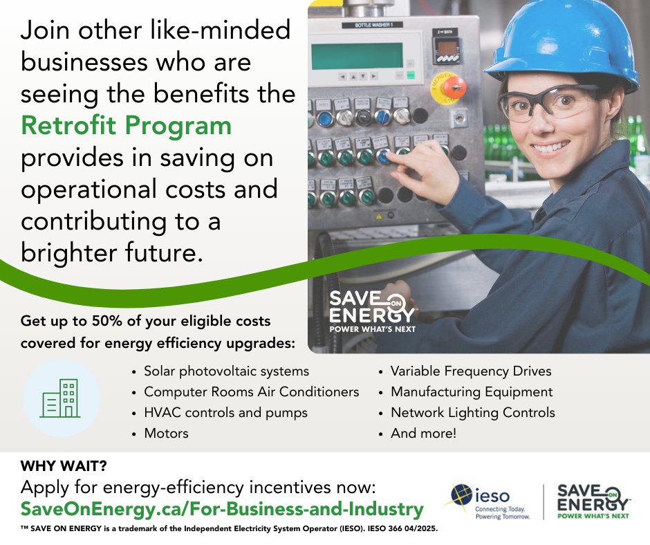 Get up to 50% of your eligible costs covered for energy-efficiency upgrades. Projects that achieve sustainable, measurable reductions in electricity use in your building are eligible for the Commercial Retrofit Programs! Learn more today: saveonenergy.ca/en/For-Busines…. <a href="/SaveonEnergyOnt/">Save on Energy</a>