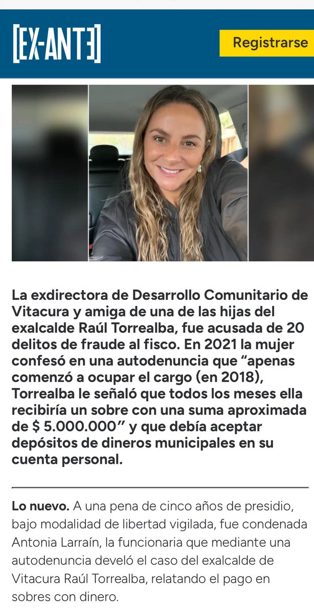 Este (otro) caso d robo y corrupción d la derecha, no puede pasar desapercibido. Antonia Larraín recibía d Torrealba,$5 mill al mes y además debía aceptar depósitos d dineros municipales en su cuenta personal. Le dieron una pena 5 años d presidio, bajo modalidad libertad vigilada