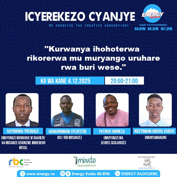 Ntimukureho urushinge! Turakomeza tubane mu kiganiro kigaruka ku "kurwanya ihohoterwa rikorerwa mu muryango, uruhare rwa buri wese." kuva saa 20H00 - 21H00