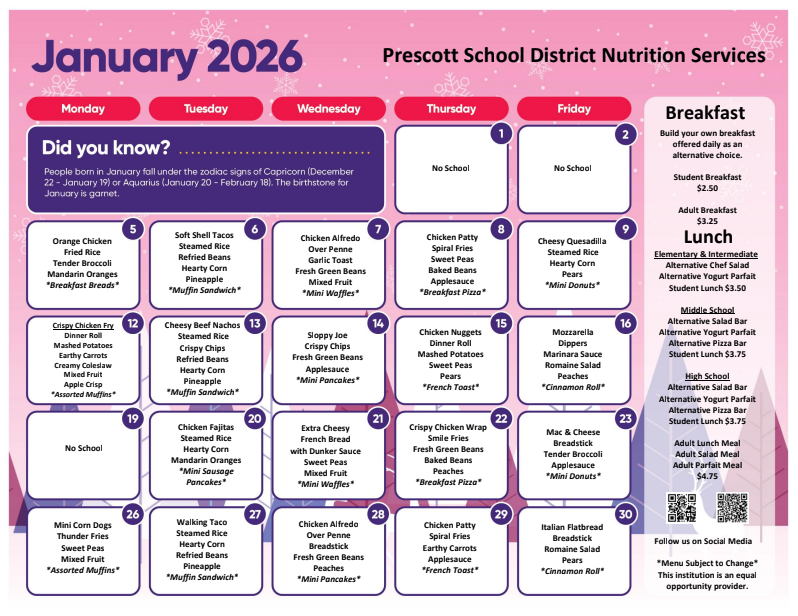 NSDatPSD's tweet image. ❄️ Our January cook's corner and menu are here! 🥗✨
We’re kicking off the new year with nourishing meals and winter favorites to keep students fueled and ready to learn. 💙

#PrescottPride #CooksCorner #SchoolMealsThatRock #FuelingOurFuture