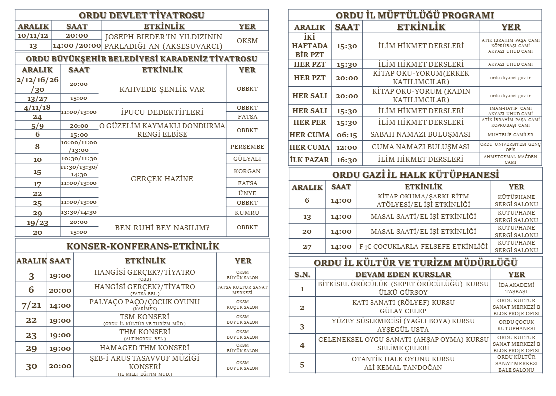 Aralık 2025 Ordu Kültürel Etkinlik Takvimi