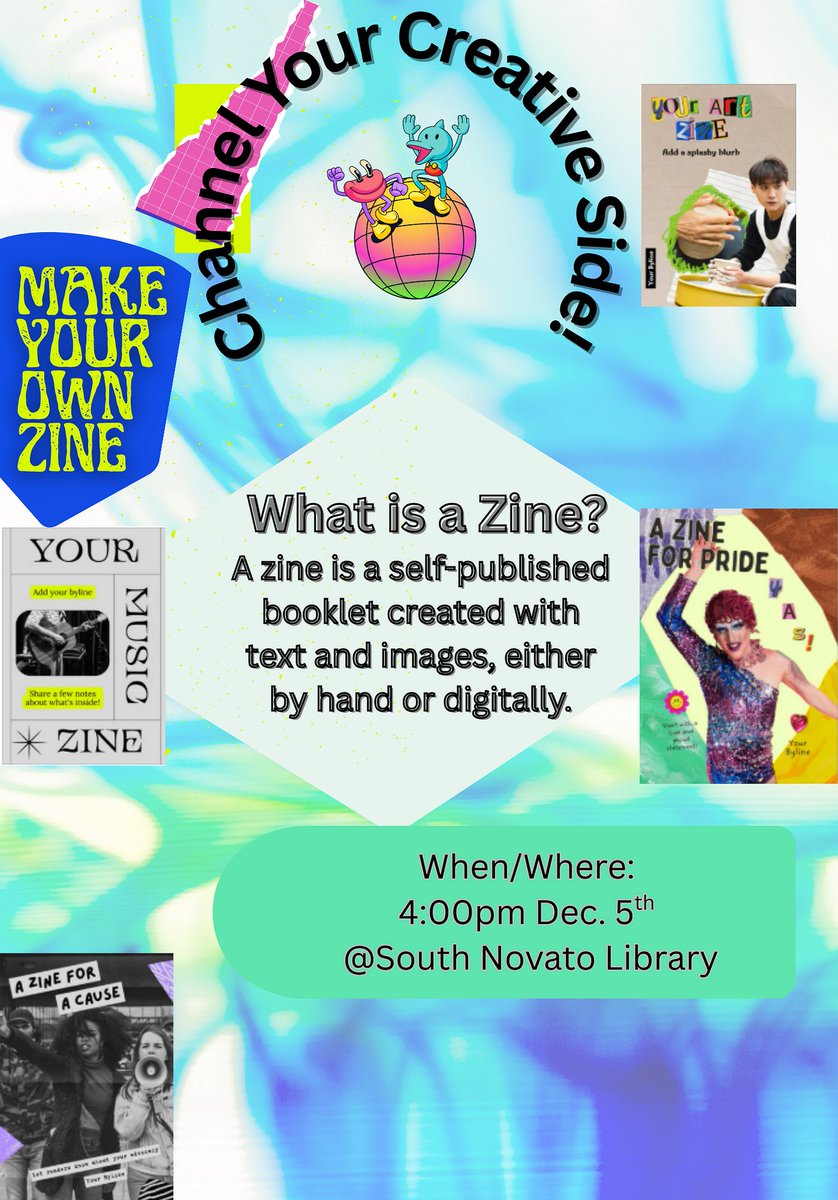 ¡Adolescentes! Únanse al reto invernal de Zines. Recoge un kit del 4 al 31 de dic y asiste a talleres el 4 (Novato High) o 5 (South Novato). Entrega tu Zine antes del 10 de ene.  marinlibrary.bibliocommons.com/events/69272b6…
