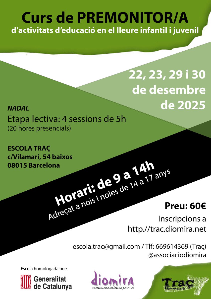 [CANVI DE DATES]

𝙑𝙊𝙇𝙎 𝘼𝙋𝙍𝙀𝙉𝘿𝙍𝙀 𝙈𝙀𝙉𝙏𝙍𝙀 𝙏❜𝙃𝙊 𝙋𝘼𝙎𝙎𝙀𝙎 𝘽𝙀́❓

Places obertes pel CURS PRESENCIAL DE PREMONITOR/A aquest Nadal!

Adreçat a nois i noies de 14 a 17 anys

𝗜𝗻𝘀𝗰𝗿𝗶𝘂-𝘁𝗲 𝗮 📝 trac.diomira.net/25120%20-Curs%…