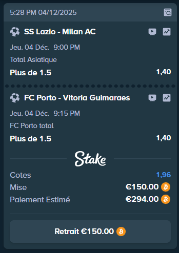 4eme bet de Decembre / 1150€ de balance
( Je ne suis pas pronostiqueur )  

Lien stake 30€ offert : t.me/fekah_vip/7/19 🥰
50€ dans les likes / RT si ça passe :D 

Lazio – Milan : Over 1.5 buts Deux équipes capables de marquer et souvent impliquées dans des matchs ouverts.
