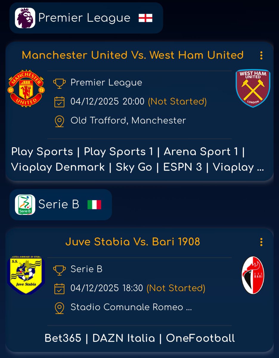 Todays Key Fixtures ⚽️🔥

#PremierLeague:
🏴󠁧󠁢󠁥󠁮󠁧󠁿 #ManUnited Vs. West Ham United

#SerieB:
🇮🇹 Juve Stabia Vs. #Bari1908

#CoppaItalia:
🇮🇹 #Bologna Vs. Parma
🇮🇹 Lazio Vs. #Milan

#CopaDelRey:
🇪🇸 Real Ávila Vs. #RayoVallecano
🇪🇸 Atlético Baleares Vs. #Espanyol
🇪🇸 Leganés Vs. #Albacete