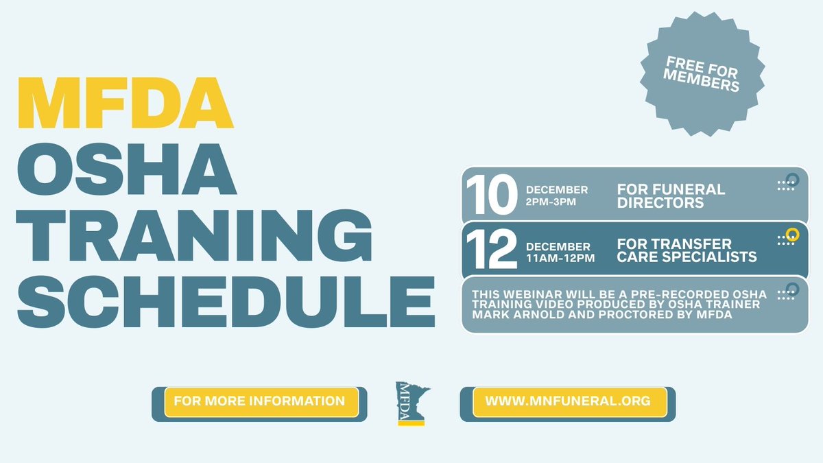 mnfuneral's tweet photo. 📋 Annual OSHA Training is Here!
🗓️ Funeral Directors: Wednesday, December 10 at 2-3pm
🗓️ Transfer Care Specialists: Friday, December 11 at 11am-12pm
Earn 1 CEU with TCS-specific content
Funeral Directors: https://t.co/1voJL9nDQI
Transfer Care Specialists: https://t.co/phhCZ9BpbD https://t.co/yLEbV355ir