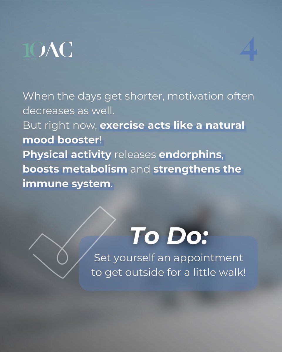 OACEurope's tweet photo. Cold weather and darkness can dampen your spirits but exercise has a powerful effect on your mood, sleep quality and immune system, especially at this time of year.
📚 Sources: Craft et al. (2012), Harvard Health (2021)
#OACadventcalender #OAC #beactive https://t.co/mhY1VfJymU