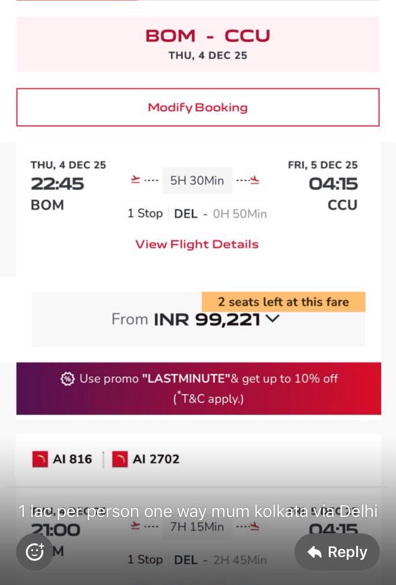 BA197879's tweet photo. @IndiGo6E @airindia @PMOIndia @narendramodi post indigo cancelled my 430pm Bom CCU  AI fares shot upto 2 lakh for 2pax one way and that also via Delhi.. One reason why a public utility service like aviation should not have a monopoly ..Revive Spice Jet need more players https://t.co/EylVmQTPPV