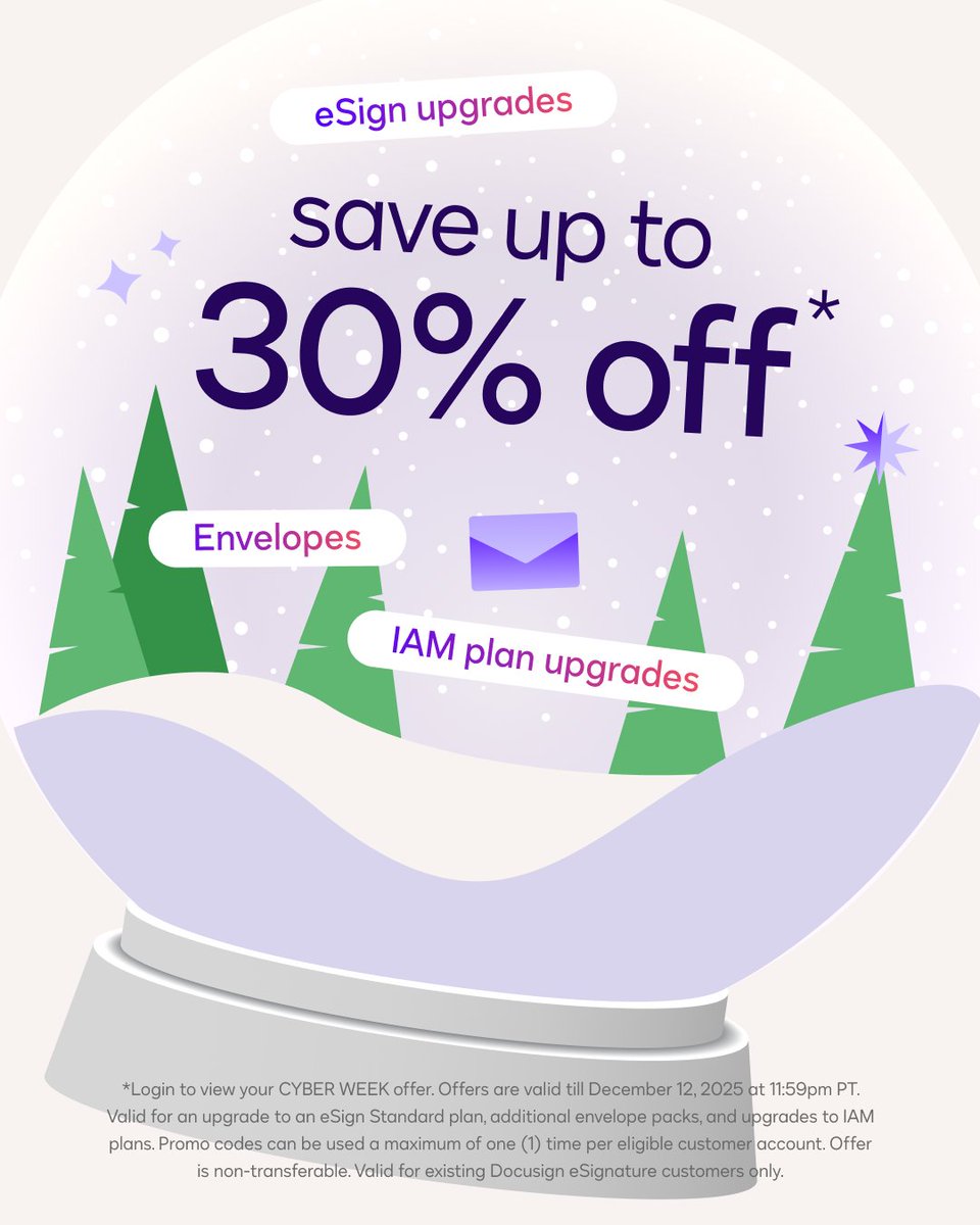 Docusign's tweet image. Calling all Docusign customers! 📣 
Save up to 30% off eSign Standard plans, additional envelopes, and upgrades to IAM plans. 

Log in to view your offer. *Terms Apply
ow.ly/c0pS50XBYav