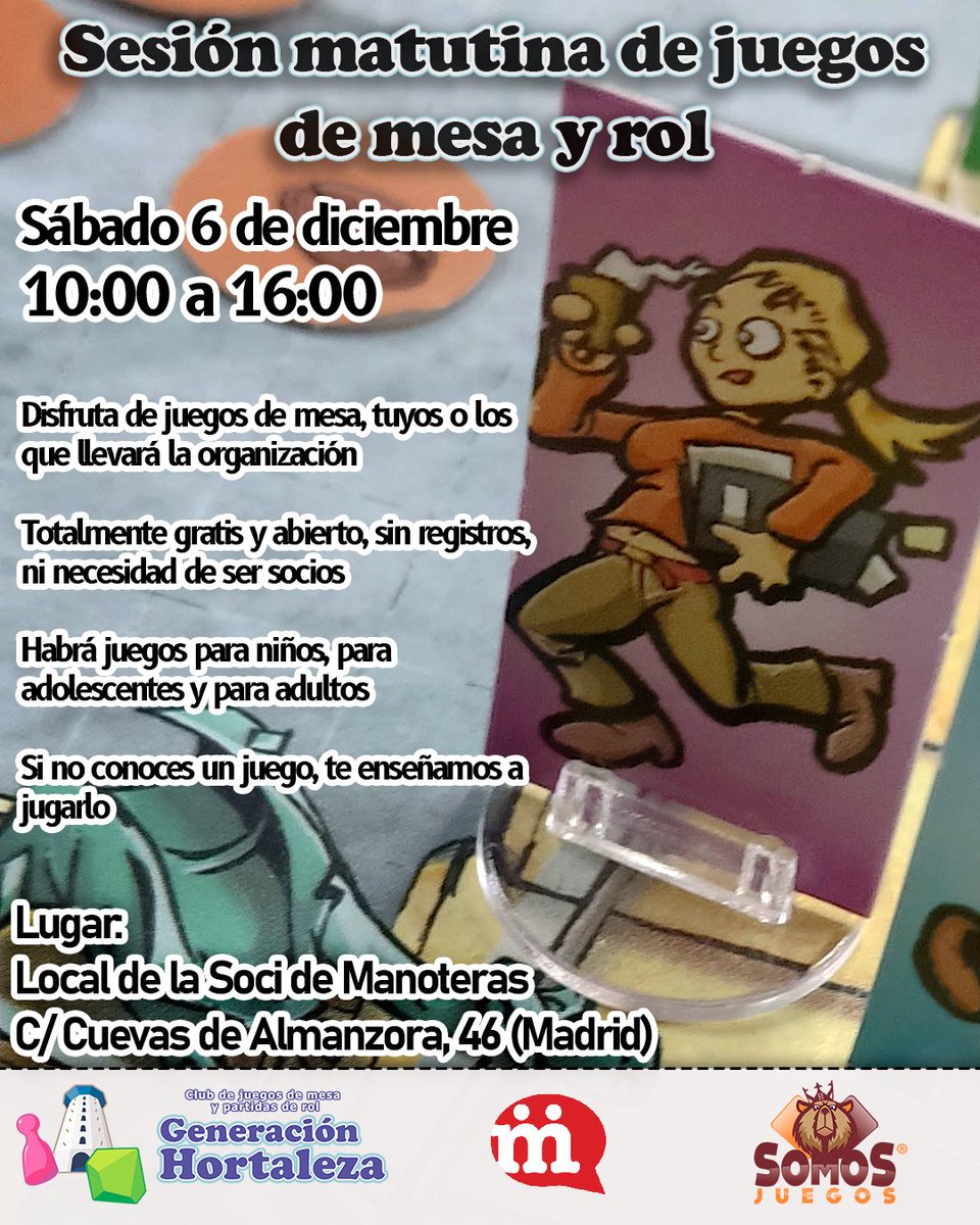 soci_manoteras's tweet photo. 📢Este finde tenemos nueva
#SesiónMatinaldeJuegos
organizada @Gen_Hortaleza
en #LaSoci
Y en 15 días montarán su
#MercadilloFrikiJuegos
‼️Durante todo el fin de semana‼️
En serio
¿Os lo vais a perder?
🟢#Matinal
📆6/12
⏰️10:00👉🏾12:00h
🟣#Mercadillo
📆20-21/12
⏰️10:00👉🏾20:00h https://t.co/zSL4SQIqj1