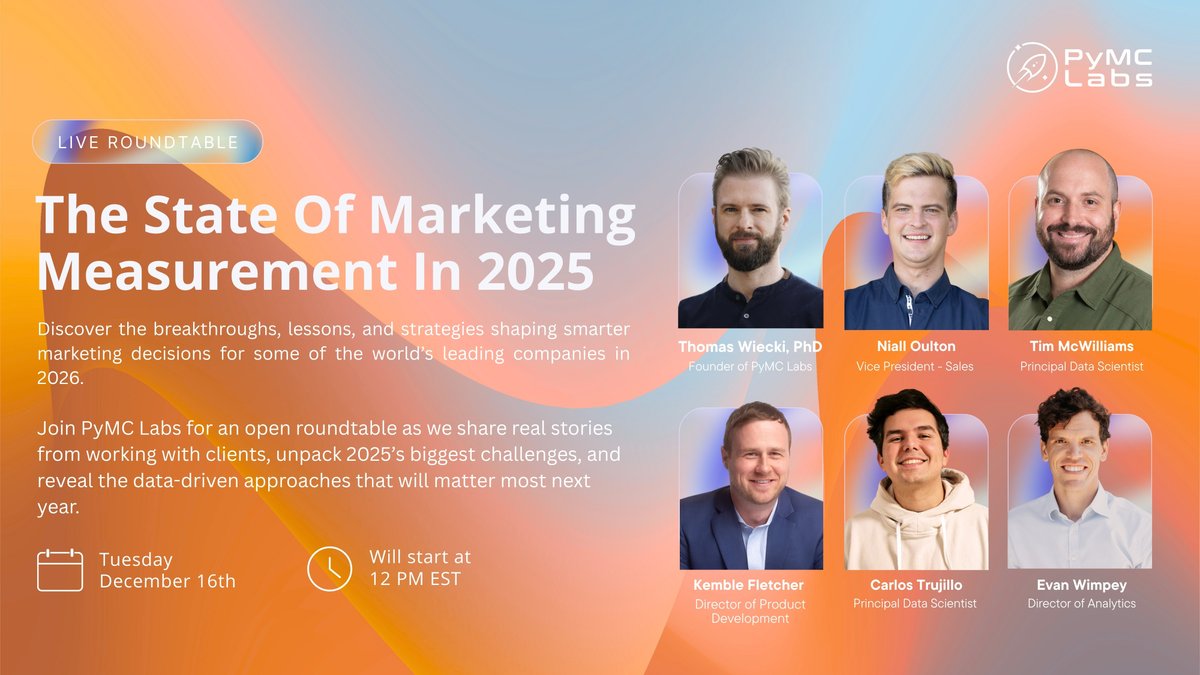 pymc_labs's tweet image. Marketing measurement shifted fast in 2025. 

Join our #PyMC Labs roundtable as we break down what actually worked across MMM, CLV, forecasting, and #Bayesian models, and what leaders need for 2026. 

👉 Register: dub.link/946GB4c 

#MarketingMeasurement #BayesianModeling