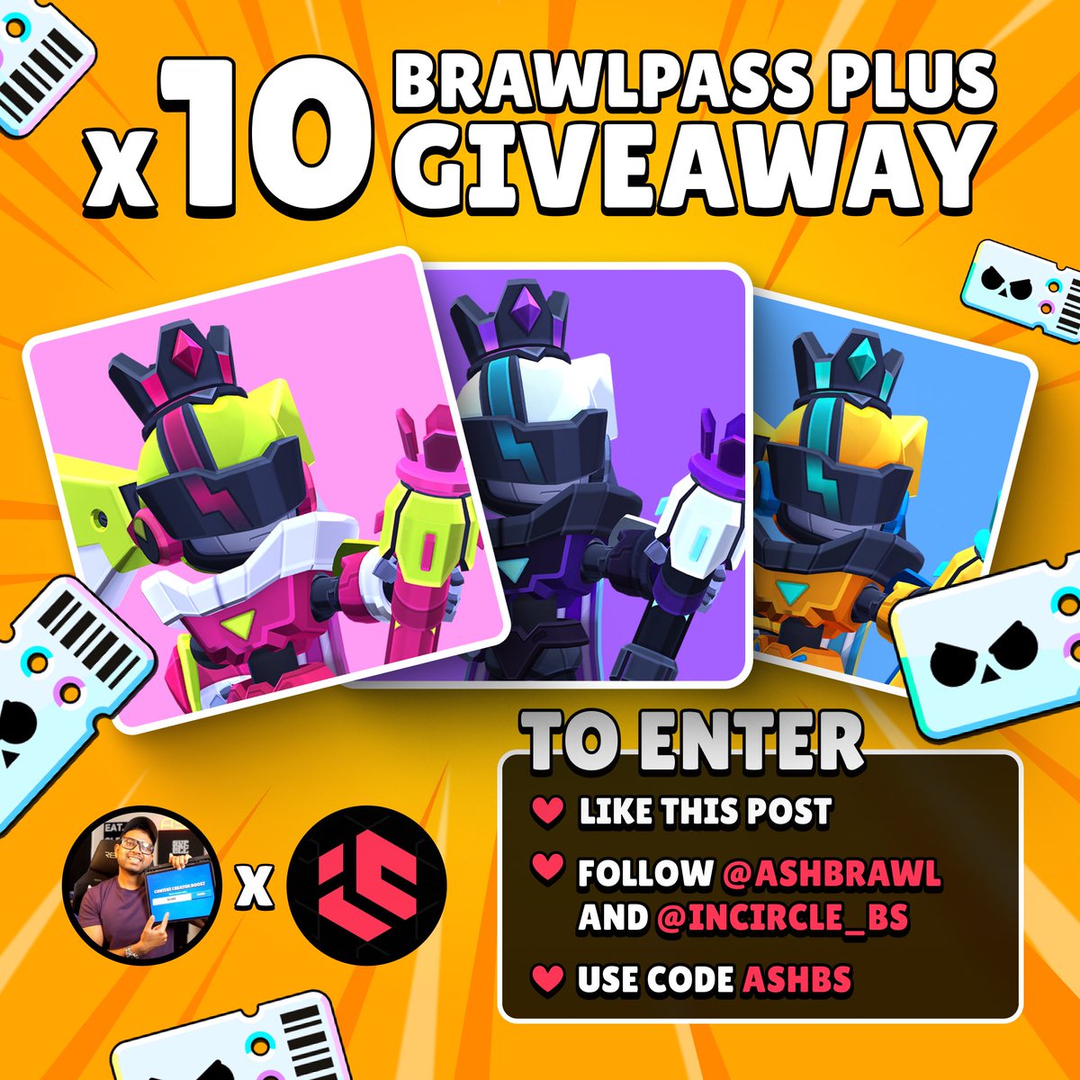 10x BRAWL PASS PLUS GIVEAWAY! 🚨
To Enter:

❤️ Like this post and Follow <a href="/incircle_bs/">Inner Circle Brawl Stars</a> and <a href="/AshClashYT/">Code: AshBS</a> 
❤️ Comment anything 
❤️ Please use code AshBS in shop! 

10 winners will be randomly chosen and each gifted Brawl Pass Plus directly to their account!
5 winners will be chosen