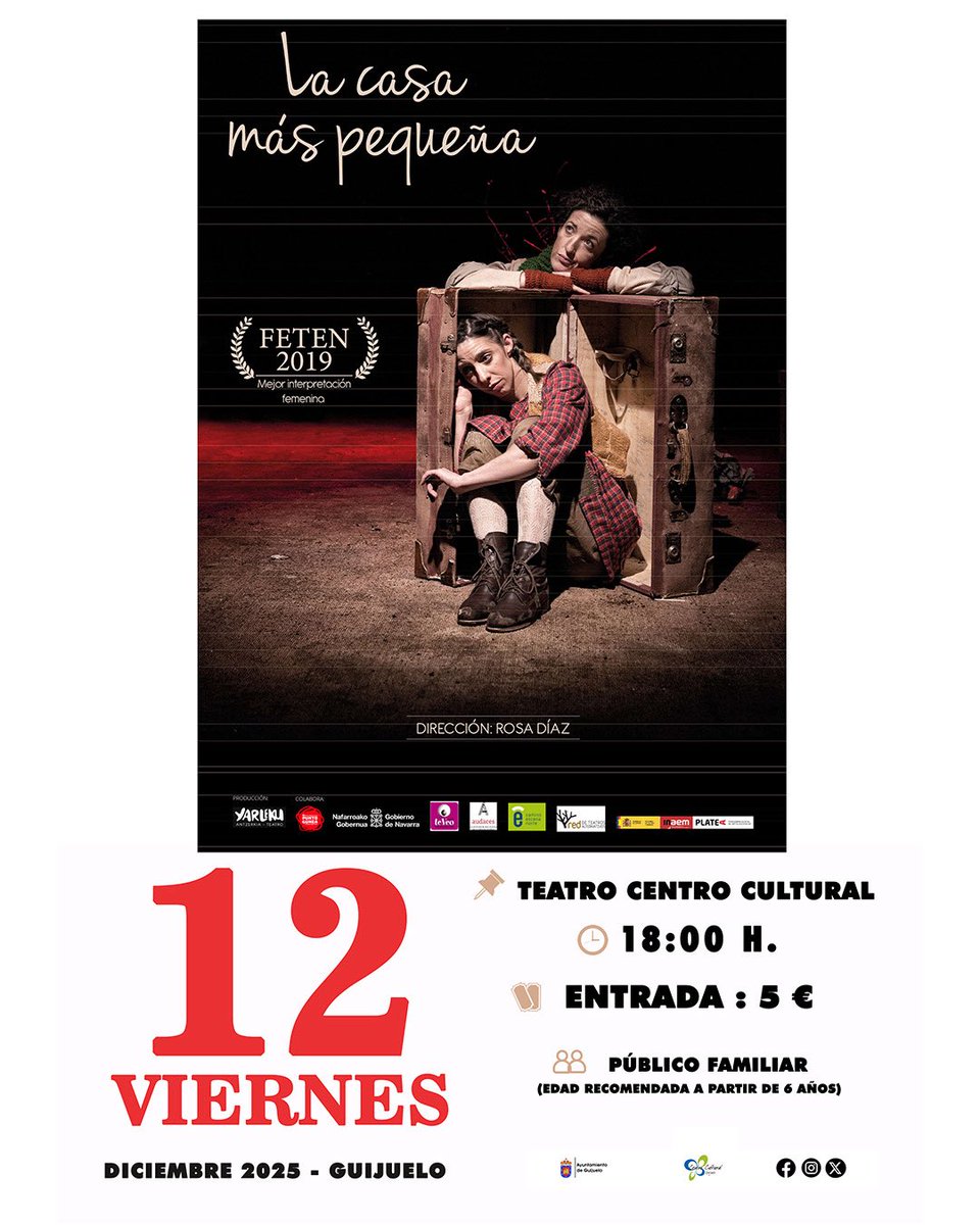 🎭 El Centro Cultural de Guijuelo acogerá el 12 de diciembre a las 18h. la obra familiar “La casa más pequeña” de Yarleku Teatro, dentro de la programación especial de Navidad.
🎟️ Entradas  en el Centro Cultural.
💶 Entrada única: 5 €.
Un espectáculo para disfrutar en familia.