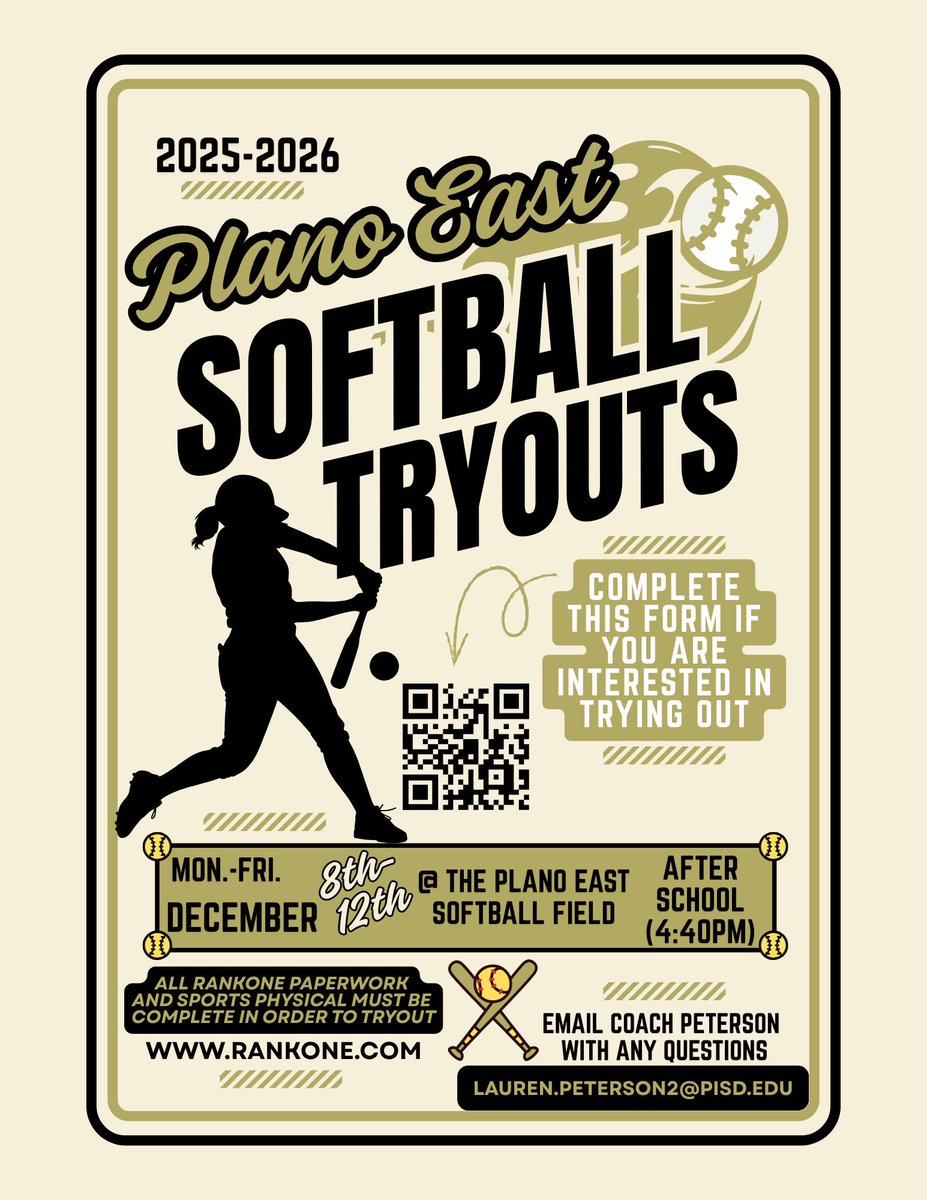 Calling all Panthers 📣 🚨 Softball tryouts will be held next week at Plano East HS Softball Field. We are welcoming all levels of talent and if you are interested in trying out please scan the QR code and fill out the tryout form. You must have all RankOne paperwork complete.🥎