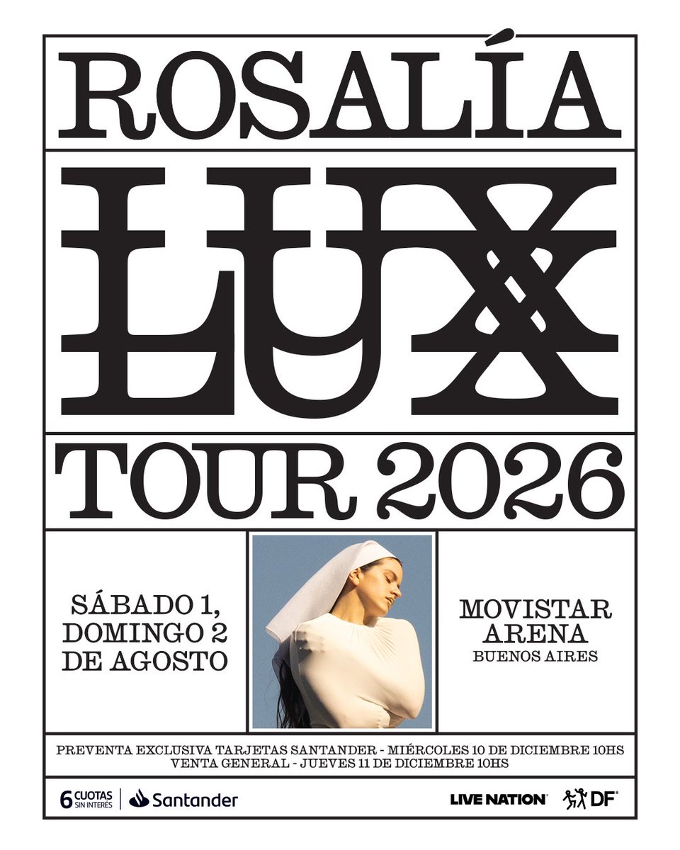 📣 #Rosalia

🗓 1 y 2 de Agosto 
📍 <a href="/MovistarArenaAR/">MovistarArenaAR</a>

💳 Preventa Santander: 10 de diciembre, 10hs

🎫 Venta general: 11 de diciembre, 10hs