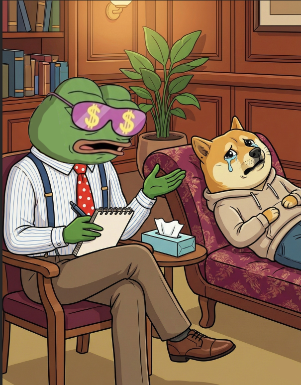 CavinKrenik's tweet photo. Another day, another session. Wall Street Pepe helping lesser memes cope with market reality. 
Doggo’s crying, charts are lying, but someone’s gotta guide the unprofitable.  🐸⚔️
#WEPE #CryptoTherapy
@WEPEToken https://t.co/h0RSLACV5D