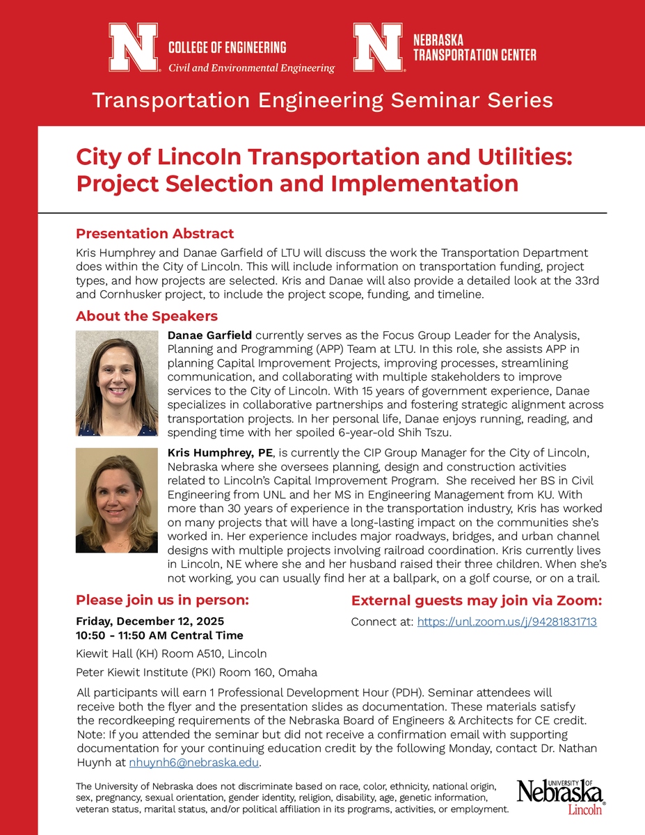 NTCInfoHighway's tweet photo. TODAY, FRI, DEC 12 | 10:50–11:50 AM CT
Hear from Kris Humphrey (@CityOfLincoln) &amp; Danae Garfield (@LTULNK) on how LTU plans and prioritizes city projects and shares details on the 33rd and Cornhusker project!
KH A510 | PKI 160 | Zoom https://t.co/l0flvPsArf