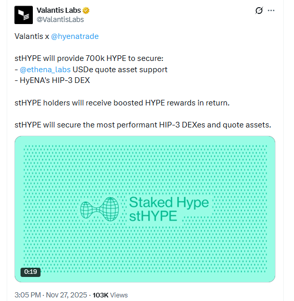 CarreNFT's tweet photo. 🚨VALANTIS LANZA SU CAMPAÑA DE PUNTOS 🚨
Era un secreto a voces y ya es oficial. Tras cerrar la season de Kinetiq, @ValantisLabs toma el relevo como el siguiente gran proyecto de la HyperEVM.
Te cuento todo lo que necesitas saber 👇
En mi canal de Telegram nos lo olíamos y por eso depositamos HYPE hace tiempo. Gracias a ello hemos ganado la Valantis Genesis Badge que, en palabras del propio protocolo, “señala lealtad pasada y pesa bastante dentro del programa de puntos”. Enhorabuena, una vez más a quienes la hayáis obtenido. Gracias por confiar!
🟡 POR QUÉ FARMEAR LOS PUNTOS DE VALANTIS
➡️ La season durará como máximo 6 meses. Se reparten 10M de puntos por semana y el supply final será como mucho de 325M aunque podría ser menor. Ya sabéis que es una GREEN FLAG conocer la fecha máxima o final de una campaña de puntos ✅
➡️El snapshot se tomará cada jueves a las 5pm UTC. Conocemos la fecha final del farmeo y el supply total de puntos, algo que aporta mucha claridad.
🟡POR QUÉ ESTAR BULLISH EN VALANTIS
➡️Valantis adquirió stHYPE, la solución de liquid staking nativa de Hyperliquid, y la integró como pieza central del protocolo. Esto le permite ofrecer pools, liquidez, staking, swaps y yield de forma unificada sobre la infraestructura de HL.
➡️La semana pasada anunciaron su partnership con @hyenatrade, el perp DEX asociado a @ethena en HyperEVM. Hyena usará USDe como quote asset (el activo contra el que se monta y se liquida el perp) para todos sus mercados, lo que abre una oportunidad enorme porque crea demanda estructural para USDe y refuerza todo el ecosistema conectado.
➡️Hyena necesita infraestructura de liquidez y Valantis puede dársela. Hablamos de swaps spot eficientes, liquidity backstops, vaults, integración con staking y yield. Por eso nace este acuerdo.
➡️Esto posiciona a Valantis como el liquidity backend de HyenaTrade y potencialmente de cualquier perp externalizado vía HIP-3. Con el tiempo Valantis podría convertirse en el proveedor de liquidez central de la HyperEVM.
➡️Además la demanda de stHYPE podría aumentar por dos motivos naturales:
1- Hyena necesitará activos del ecosistema para cubrir operaciones, hedging y market-making lo que empuja el uso de stHYPE y wstHYPE.
2- Muchos usuarios buscarán maximizar puntos y el staking en Valantis será un componente clave durante toda la season.
Tesis en una frase
HIP-3 permite construir perps → HyenaTrade construye los perps → Valantis suministra la liquidez que los hace funcionar.
🟡CÓMO CONSEGUIR PUNTOS
🔹 Depositar fondos en cualquier pool de Valantis
🔹Holdear stHYPE / wstHYPE
🔹Usar stHYPE/wstHYPE en cualquier integración o vault DeFi del ecosistema Valantis como Félix, Hyperlend o HypurrFi
🔹Holdear alguna colección de NFTs elegibles
🔹Refs
Más adelante os explico qué estoy haciendo yo
🟡ASPECTOS IMPORTANTES
➡️Hay activa una pool de Pendle donde podemos comprar YT aunque actualmente están caros. Aconsejo esperar unos días antes de entrar. Dejaré el link en comentarios.
➡️Los criterios de distribución de puntos podrán cambiar semanalmente, lo que dificultará la optimización absoluta de la estrategia.
🟡QUÉ ESTOY HACIENDO YO
➡️Actualmente tengo todos mis HYPE stakeados en Valantis y recibo stHYPE. Aún es pronto para saber cuál será la estrategia óptima. En Kinetiq funcionaron muy bien los YT y las pool, aunque aquí todavía no está claro.
➡️De momento mantengo todo en stHYPE y en los próximos días compartiré una estrategia más elaborada. Dadme unos días.
Si este post te ha servido te dejo mi enlace de referido por si quieres apoyarme y ayudarme a seguir creando contenido como este:
https://t.co/KviKX5SkRW
Muchas gracias y si te ha gustado deja tu Like + RT.