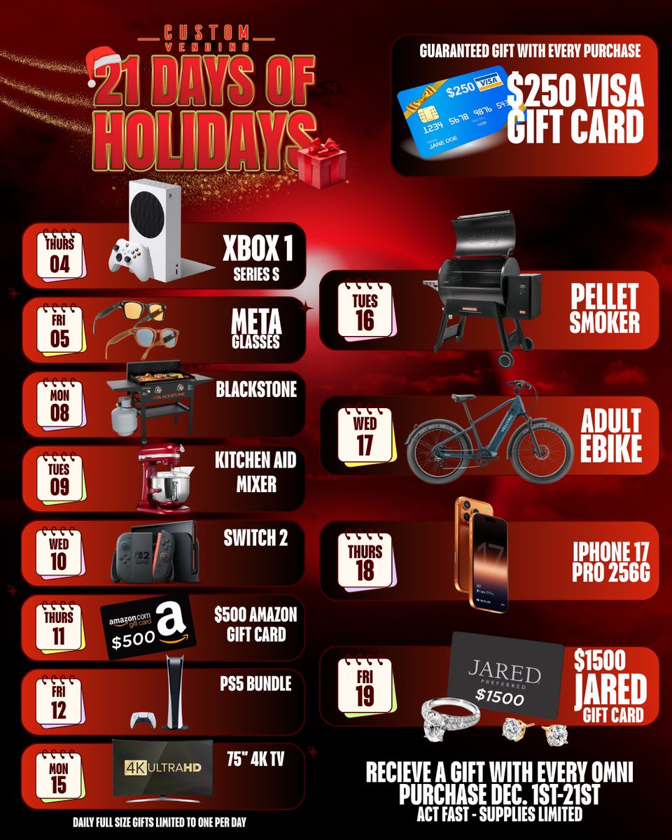 It’s the season of giving at Custom Vending!
From December 1st–21st, we’re giving YOU the chance to win over $25,000 in prizes.

Act fast — the first 12 customers who purchase an OMNI machine are guaranteed bonus gifts valued up to $2,000.