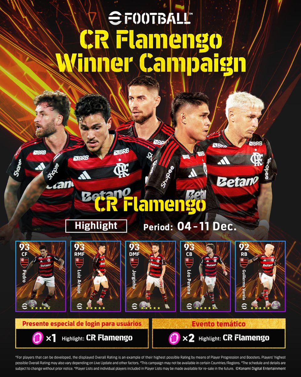 É o bonde do Mengão sem freio! 🔴⚫

Celebrando o título, os jogadores do Flamengo se tornam destaque nessa campanha comemorativa! 🏆

Não perca a chance de contratar alguns dos melhores talentos da equipe Rubro-Negra! #eFootball