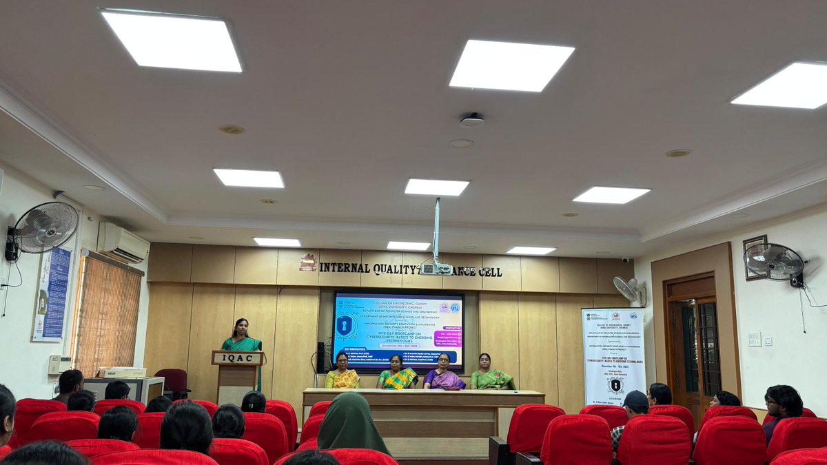 InfoSecAwa's tweet image. The 5-Day Bootcamp on “Cybersecurity: Basics to Emerging Technologies” is underway at Anna University, Chennai.

#Cybersecurity #Bootcamp #AnnaUniversity #TechEducation #SkillDevelopment #EmergingTech #CyberAwareness #Learning #TrainingProgram #DigitalSafety