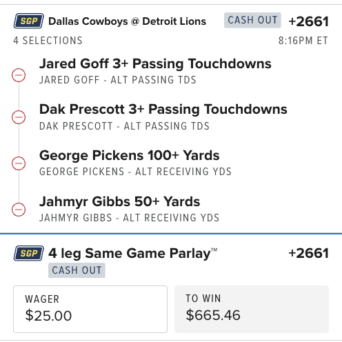 Project_Parlay_'s tweet photo. Let’s Have a Shootout Tonight! 🔥

Dallas Cowboys @ Detroit Lions 🏈
Jared Goff 3+ Passing TDs
Dak Prescott 3+ Passing TDs
George Pickens 100+ Yards
Jahmyr Gibbs 50+ Yards

4-Leg SGP 💥 +2661
 Wager: $25
 To Win: $665.46

#NFL #SameGameParlay #NFLPicks #ProjectParlay #ColesAlgoPicks