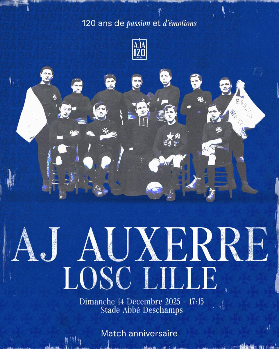 🎂 Rendez-vous le 14 décembre pour le match anniversaire des 1⃣2⃣0⃣ ans ! 🔵⚪

𝐴𝑢 𝑝𝑟𝑜𝑔𝑟𝑎𝑚𝑚𝑒 :
🏟️ Tifo géant
👕 Maillot collector
🔦 Show lumineux après le match, suivi d’une mise à l’honneur d’anciens joueurs

🎟️ billetterie.aja.fr

#TeamAJA #AJA120ans