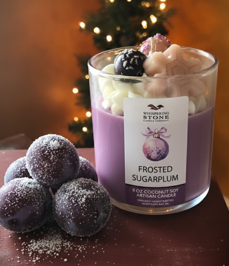 Available in limited quantities this weekend, December 6-7, at the St. John's Farmers' Market Festive Market - Frosted Sugarplum! Scent is a mix of sweet plum with just a hint of christmas spice! And yes - everything on this candle is wax - including the sprinkles!