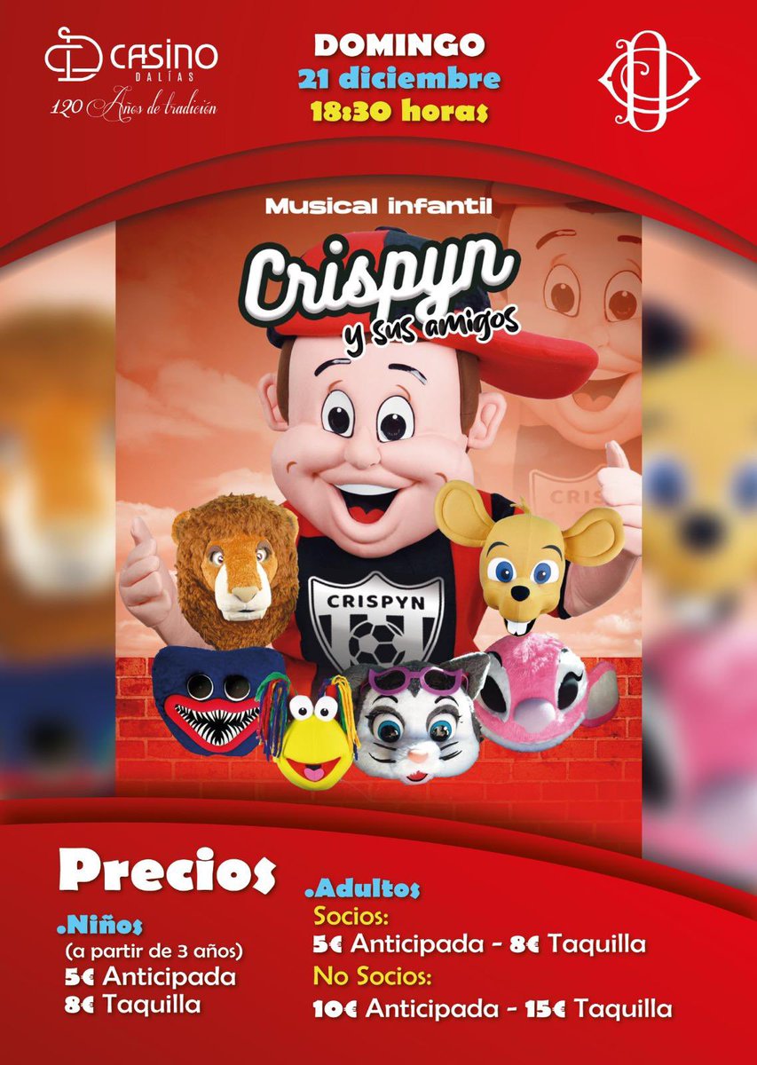 ClavedeSolAlm's tweet photo. 🤪 Crispyn y sus amigos 🥳

#Musicalinfantil 🎶

📆 21 de diciembre de 2025
⏰18:30h
📍Casino de Dalías 
🎫 Entradas en taquilla o anticipadas en el mismo Casino https://t.co/VKJIPX6moA