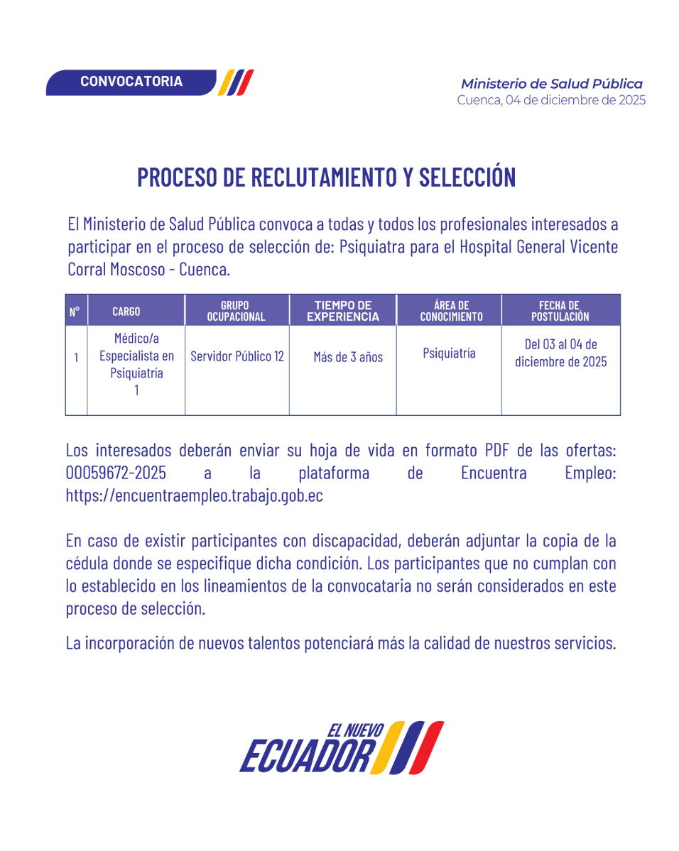 #Convocatoria | El Hospital Vicente Corral Moscoso invita a participar en la convocatoria para selección de personal, bajo la modalidad de servicios ocasionales.