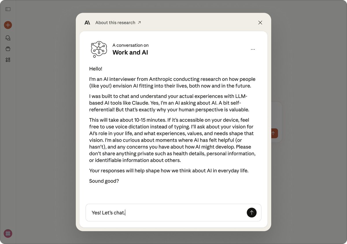 Anthropic Interviewer に研究目標を与えると、Anthropic Interviewer は人間の研究者と協力して研究の質問を作成し、インタビューを実施し、回答を分析します。