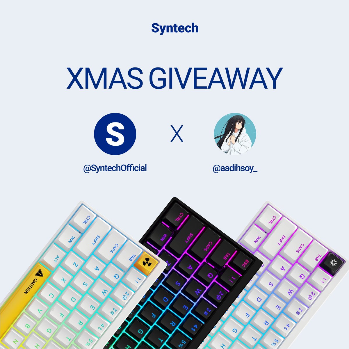 For day 4 of Christmas giveaways, Syntech &amp; I are giving away 1 Chronos G-68 HE Keyboard to 1 winner! (colours can be chosen)
1⃣ Like &amp; Repost
2⃣ Follow <a href="/SyntechOfficial/">Syntech</a> &amp; <a href="/aadihsoy_/">soy</a> 
3⃣ Tag 2 friends
4⃣ Comment what u want to see for future releases
(write everything together)