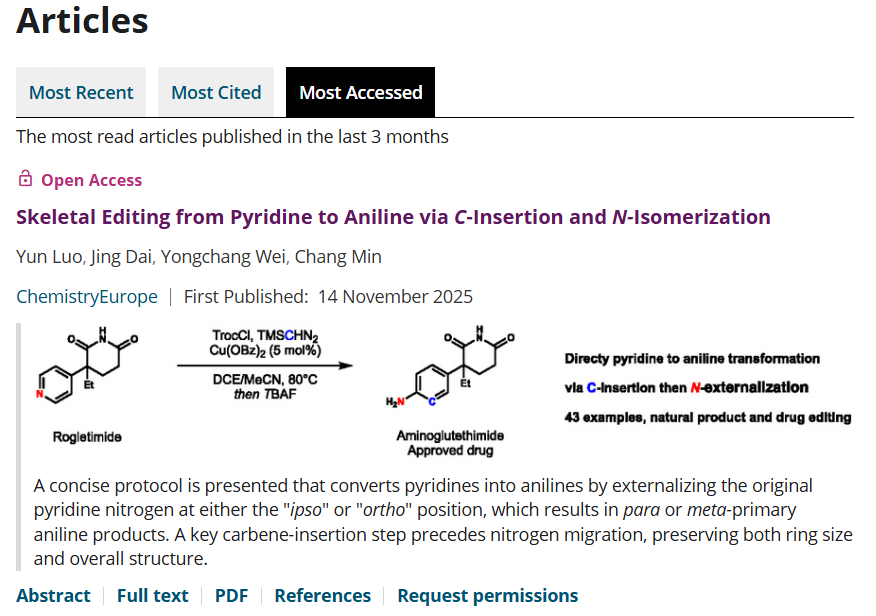 tomluoyun's tweet photo. 🚀Our pyridine → aniline #SkeletalEditing paper is now #1 Most Accessed article (past 3 months) in @ChemistryEur
📈 Over 1,000+ full-text views in just 20 days. A huge thanks to the community for the incredible interest and support! 
🔗 Free to read:
https://t.co/xc8QoXvo0T https://t.co/8oIU0xW0Mz