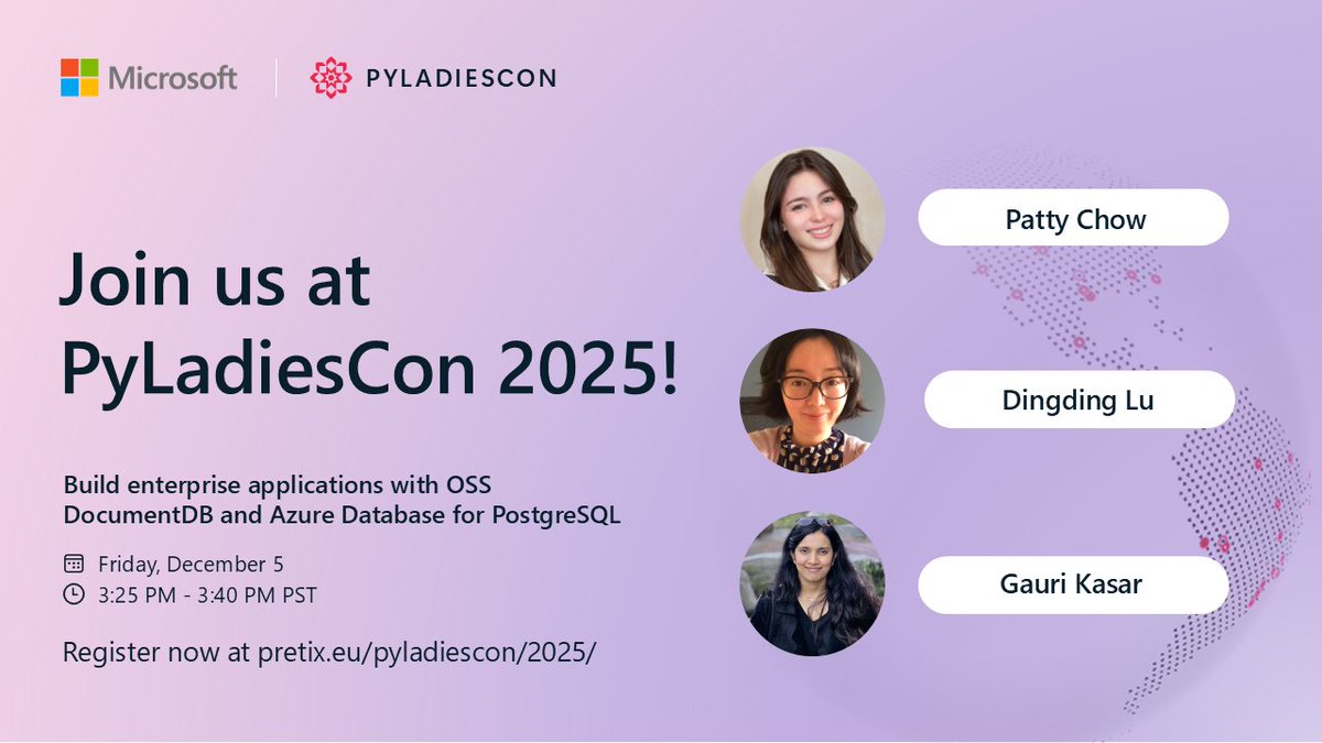 AzureCosmosDB's tweet image. Want flexibility + power in your data stack?
Join the PyLadiesCon 2025 talk on using OSS DocumentDB + Azure Database for PostgreSQL for modern enterprise apps — presented by experts from Microsoft.

Details → msft.it/6019teBTJ

#DocumentDB #PostgreSQL #Azure #Python…