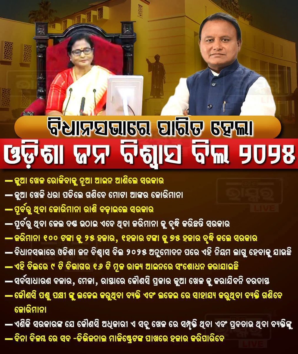 ଜୁଆ ଖେଳ ରୋକିବାକୁ ଆସିଲା ନୂଆ ଆଇନ l ଜୁଆ ଖେଳି ଧରାପଡ଼ିଲେ ଗଣିବାକୁ ହେବ 25 ହଜାର ଟଙ୍କା ରୁ 75 ହଜାର ଟଙ୍କା ପର୍ଯ୍ୟନ୍ତ ମୋଟା ଅଙ୍କ ର ଜୋରିମାନା l ଓଡିଶା ସରକାରଙ୍କୁ ଅଶେଷ ଅଶେଷ ଧନ୍ୟବାଦ ll
<a href="/CMO_Odisha/">CMO Odisha</a>
<a href="/GovernorOdisha/">Governor Odisha</a>
<a href="/odisha_police/">Odisha Police</a>
<a href="/OfficialTeamATA/">Team ATA Official</a>
<a href="/highlight/">highlight</a>