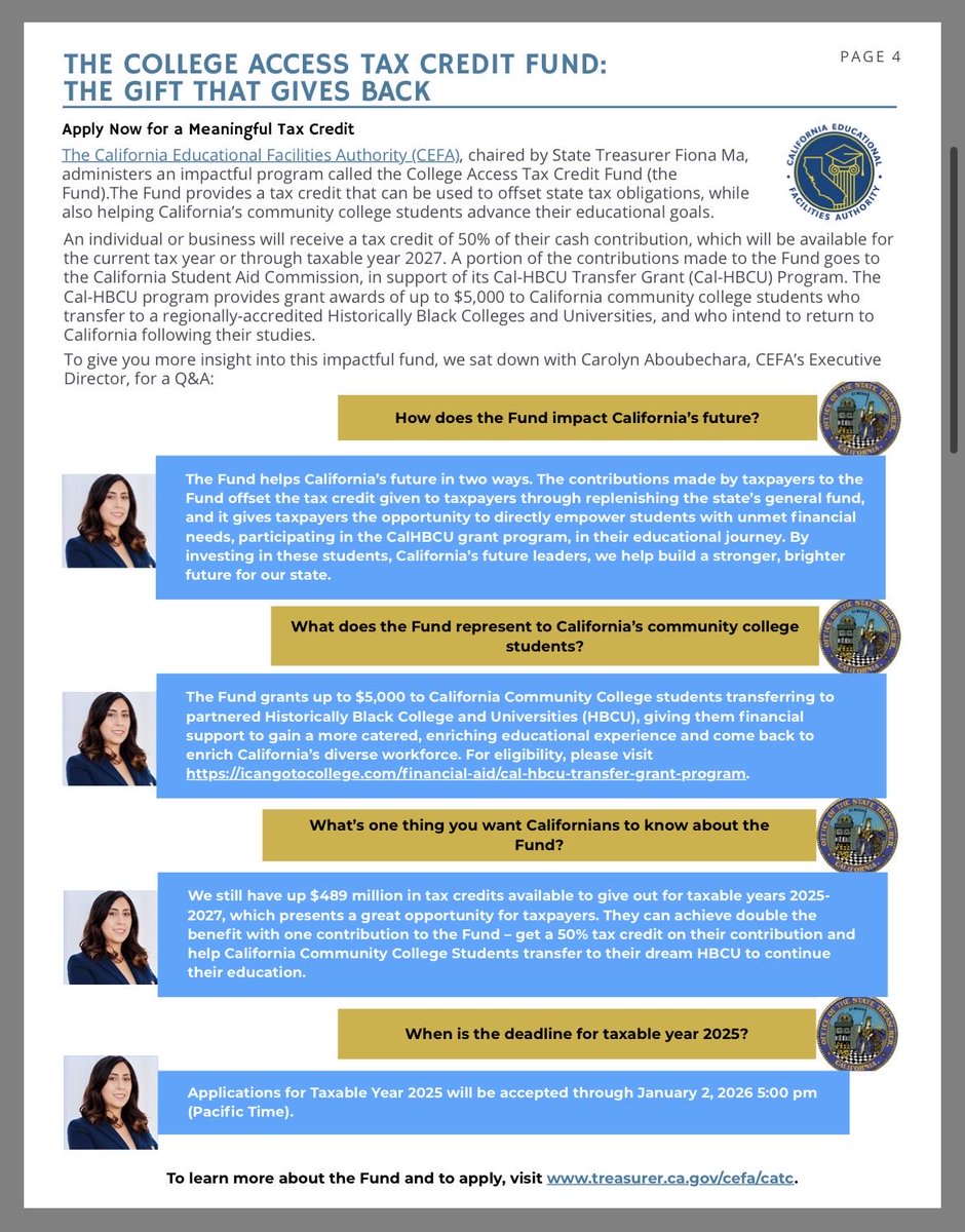 CarolynABechara's tweet photo. Check out an article on our College Access Tax Credit Program in the California State Treasurer Fiona Ma’s Newsletter on page 4. A Program administered by the CA Educational Facilities Authority (CEFA).  

https://t.co/5kU4ZsbNOQ https://t.co/3fHI4Jd4wF