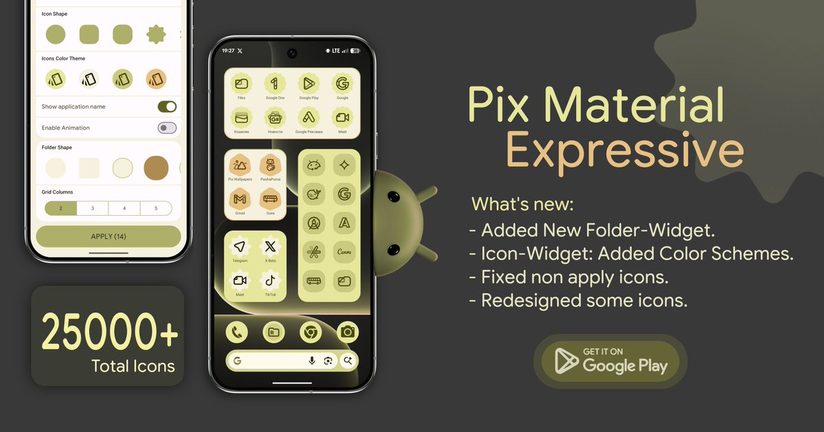 pashapuma1's tweet image. ⬆️ Update Pix Material Expressive Icons is live.

- Added New Folder-Widget.
- Icon-Widget: Added Color Schemes.
- Fixed non apply icons.
- Redesigned some icons.

Google Play:
play.google.com/store/apps/det…