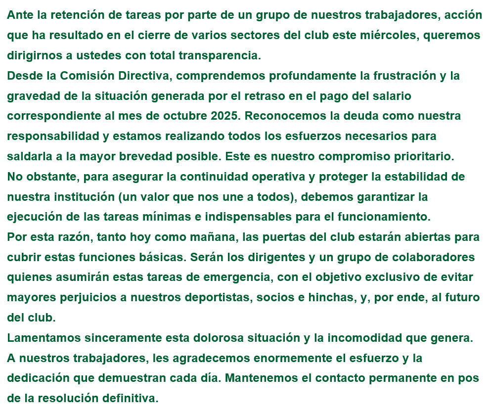 Comunicado oficial del Club #Banfield acerca del cese de actividades de su personal. Ojala cumplan en resolverlo a la brevedad.
