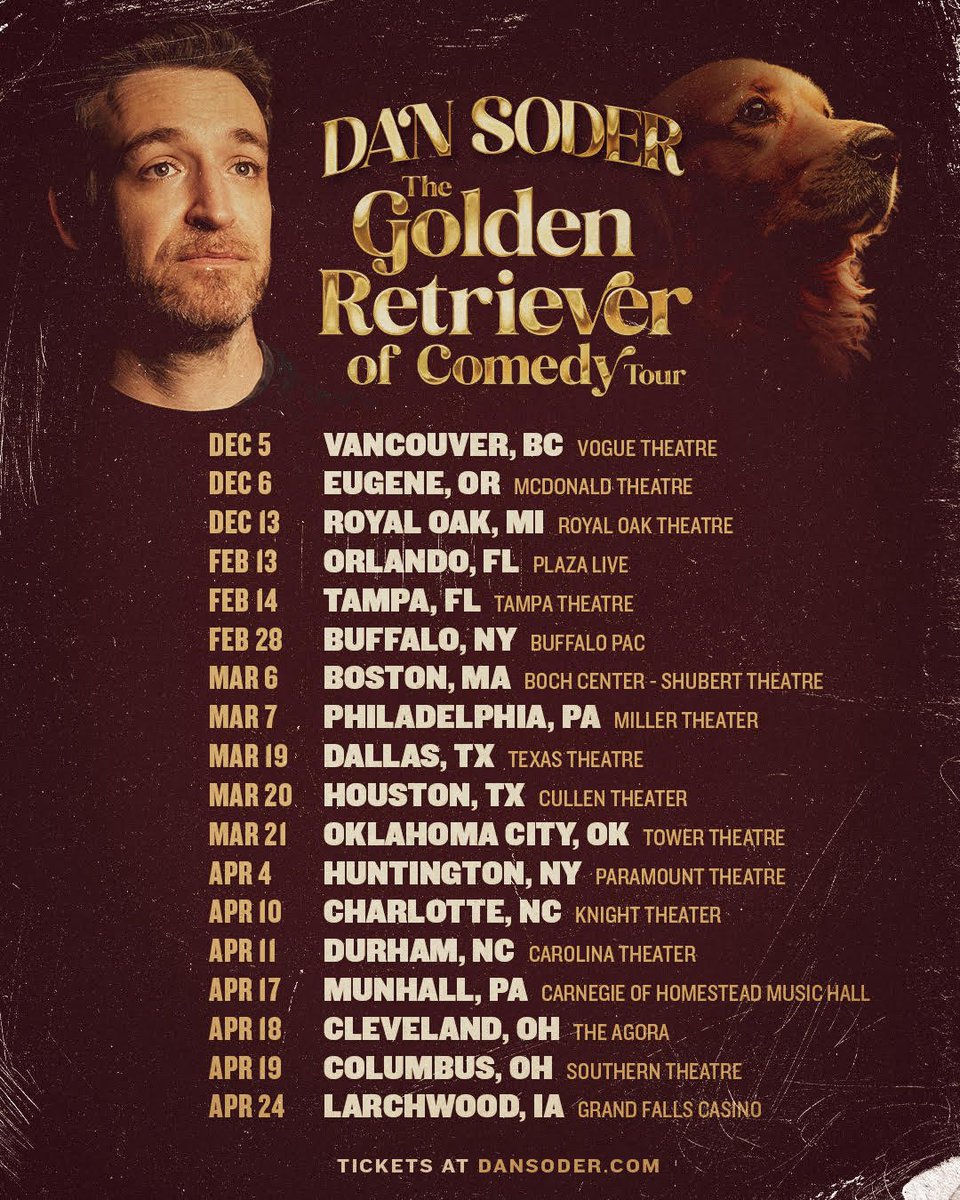 DanSoder's tweet image. The Golden Retriever of Comedy Tour is coming to your city in 2026. Get tickets on my website to avoid fees.