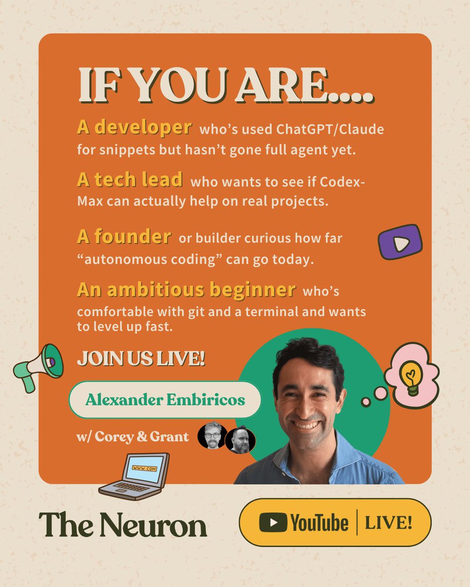 theneurondaily's tweet image. Ready to go beyond AI snippets and actually build with agents? 👀 

Whether you’re a dev, tech lead, founder/builder, or a beginner leveling up fast, this live is for you. 🧑‍💻🚀

Join us here on X at 12:30PM CST. See you cool cats tomorrow 😸 

#OpenAI #Codex #AICoding