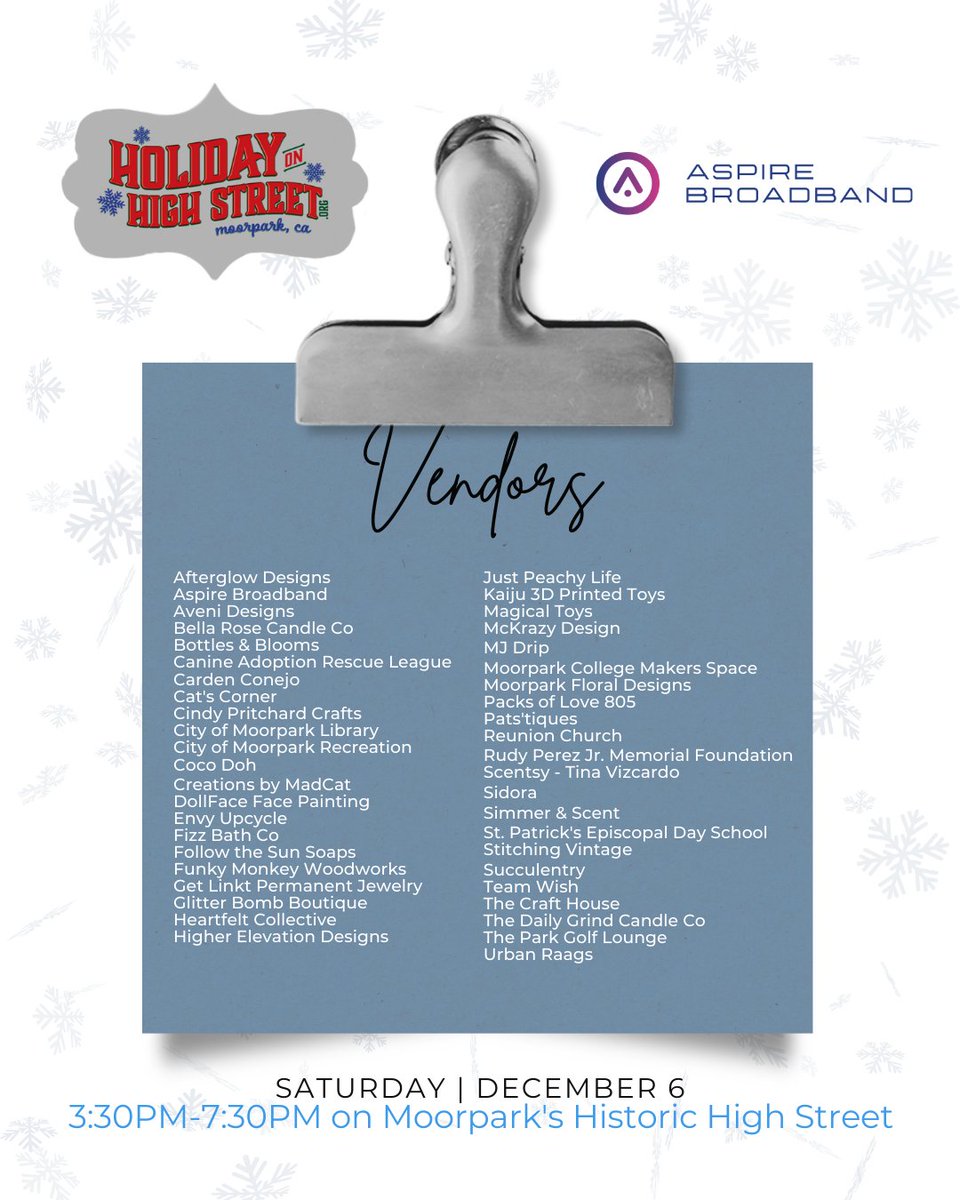 We’re excited to sponsor this year’s Holiday on High Street in Moorpark! 🎄✨
Come by our booth on Dec 6, 3:30–7:30PM for some holiday fun — make your own custom Aspire ornament, grab a FREE beanie, and some cool SWAG for the kids! 🎨🧢
More details: HolidayonHighSt.org