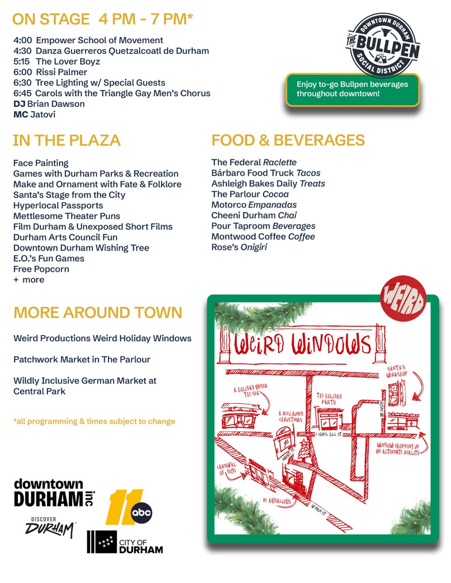 ABC11Together's tweet image. It's almost here!! 🎉✨

The @DowntownDurham Tree Lighting is THIS SATURDAY at the CCB Plaza from 4-7 PM. 🌲

Enjoy live performances, meet Santa, craft an ornament or grab a warm holiday beverage to sip on! ☕

abc11.com/post/durham-tr…