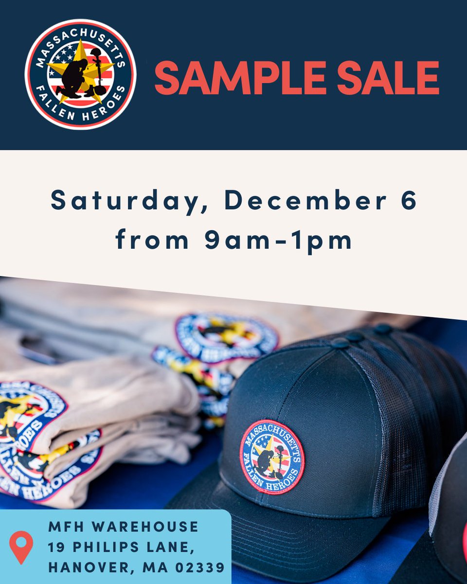 InnoVets_US's tweet image. This Saturday: Our annual Mass Fallen Heroes Sample Sale returns!

📅 Saturday, December 6th 9 AM- 1 PM
📍 MFH Warehouse 19 Philips Lane, Hanover, MA 02339

#MassFallenHeroes #SupportOurMission #GoldStarFamilies #Veterans #SampleSale #BostonEvents