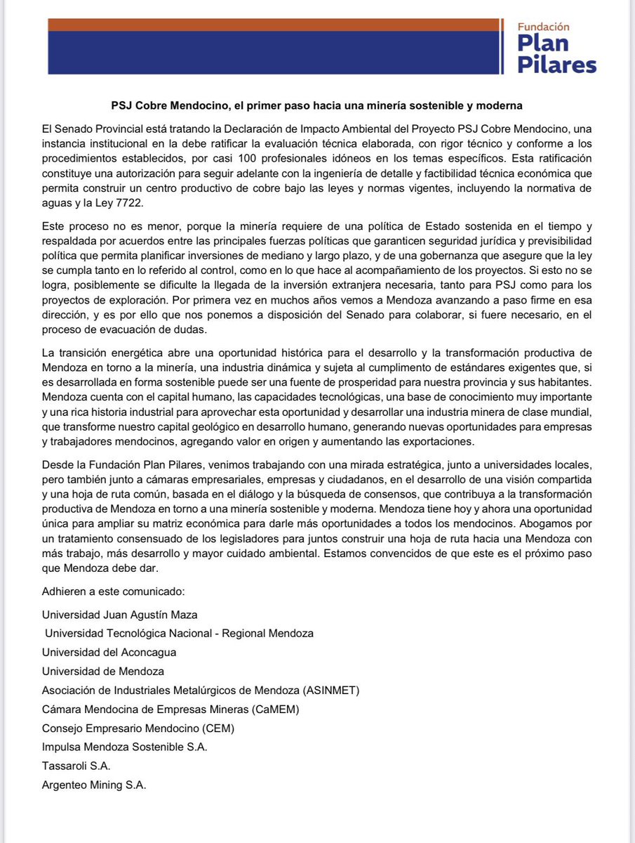 hebesil's tweet photo. Quiero compartirles dos posturas que valen la pena leer y escuchar. Porque no vienen de improvisados, ni de opinadores de ocasión.
Vienen de quienes saben, de quienes trabajan, de quienes forman profesionales, de quienes invierten, producen y generan empleo en Mendoza.

La Cámara Argentina de Empresarios Mineros (CAEM) y la Fundación Plan Pilares, junto a universidades mendocinas, cámaras industriales y empresas locales, expresan claramente su apoyo a PSJ Cobre Mendocino y al avance de una minería moderna, sostenible y con reglas firmes en nuestra provincia.

Todos coinciden en algo fundamental:
Mendoza tiene una oportunidad real para crecer, diversificar su economía y generar trabajo de calidad, cumpliendo cada paso técnico y cada norma ambiental, incluida la Ley 7722.

Lo dicen quienes estudian, investigan, producen, invierten y apuestan todos los días por esta provincia.

Por eso valoro tanto estas voces. Porque representan conocimiento serio, compromiso real y una mirada de futuro que Mendoza necesita.

Les dejo aquí las cartas completas para que puedan leerlas.
Escuchemos a quienes vienen trabajando desde hace años para que Mendoza tenga más desarrollo, más oportunidades y más futuro.