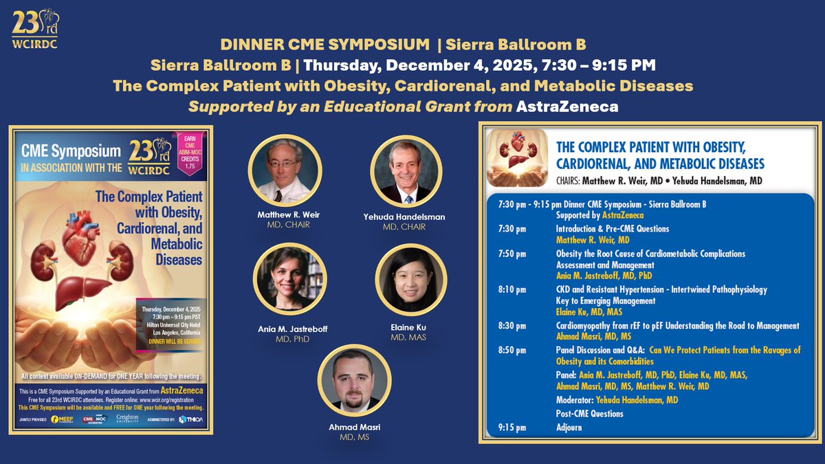 WCIRDC's tweet image. 💙Day 2 of the 23rd Annual WCIRDC is here! Don&apos;t miss out on our exciting Dinner CME Symposium tonight at 7:30pm. Supported by AstraZeneca.

Check out our other sessions at wcir.org/agenda

#23WCIRDC #WCIRDC2025 #CME #MedEd #MedicalEducation #MedicalConference #Diabetes