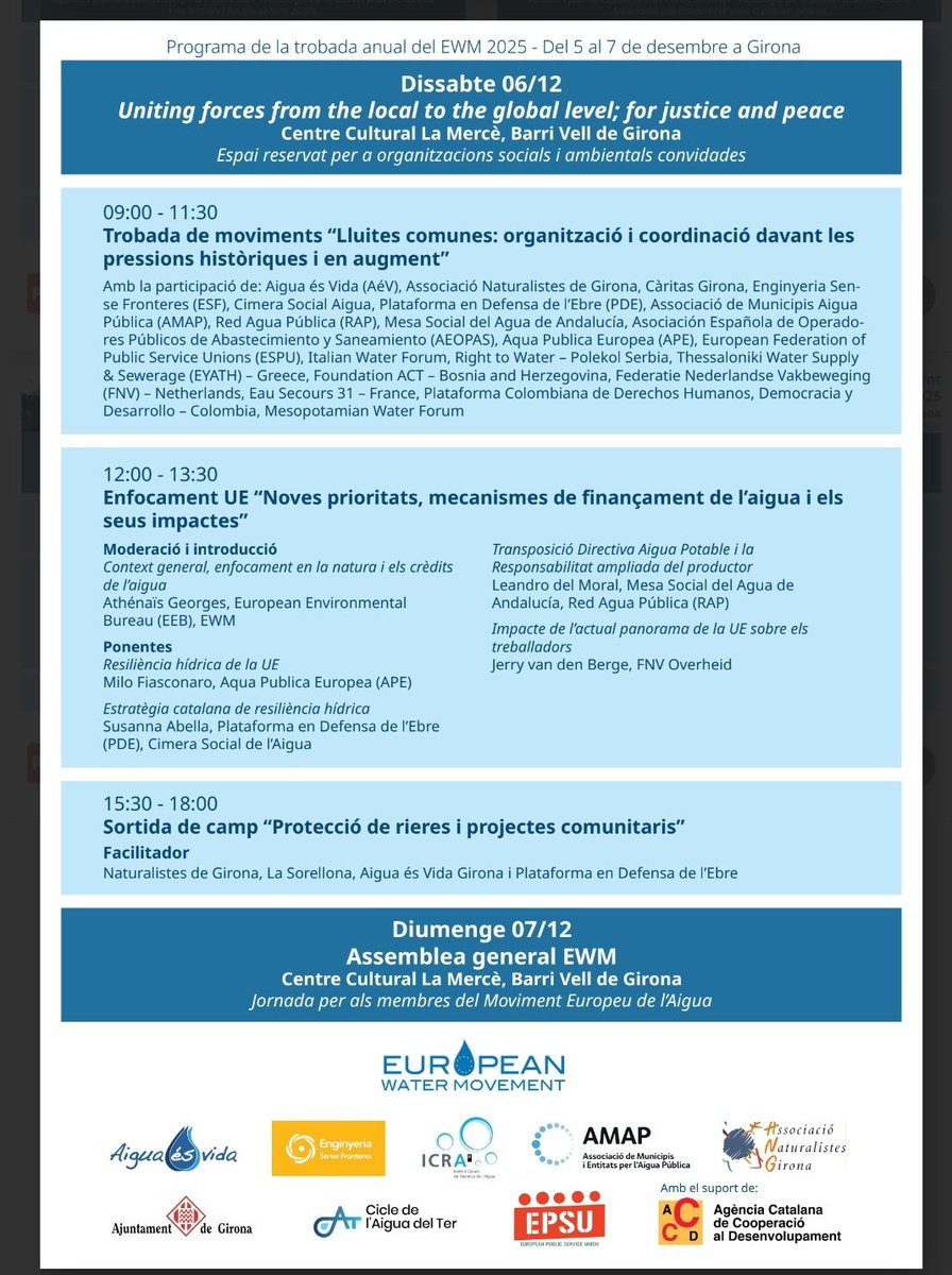 💧🚰 Aquest cap de setmana Girona serà la capital europea de l'aigua i la seva gestió pública.

Desenes d'empreses públiques, institucions i entitats europees que treballen al voltant de l'aigua ens trobarem per compartir, debatre i teixir.

Orgull de trobada i d'organització!💪