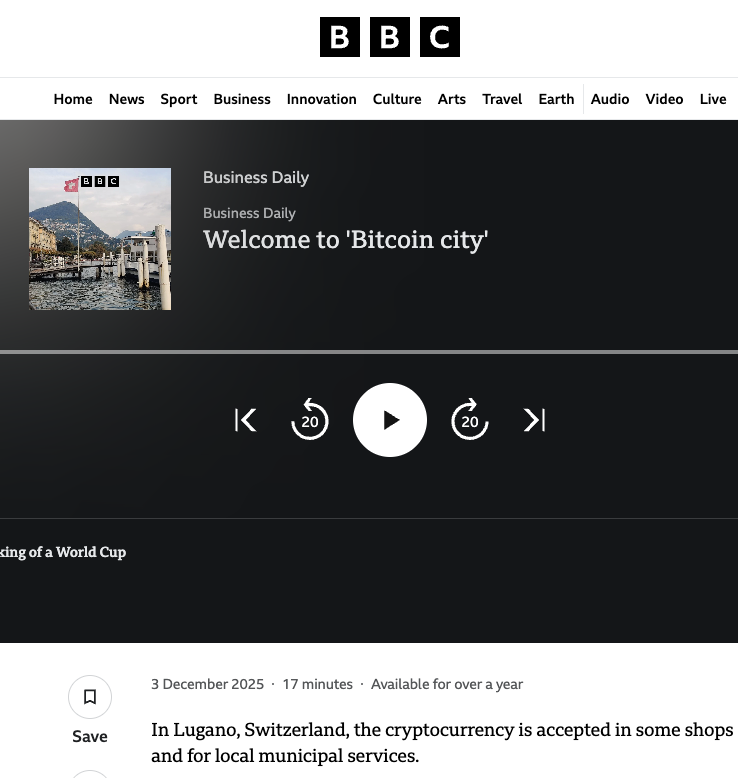 Amazing to hear <a href="/mir_btc/">🍕 ⚡ MIR 💀 🤌</a> on the BBC World Service about Bitcoin in Lugano 

This is actually quite a good report. 

Couple of factual inaccuracies (eg bitcoin does not charge 1% transaction fees)