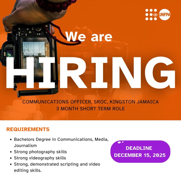 UNFPACaribbean's tweet photo. Ready to make real impact in Jamaica? 

UNFPA is hiring!

 Join a team committed to advancing health, rights and opportunities for women, girls and communities across the island, particularly in the aftermath of Hurricane Melissa. 

https://t.co/rGgliYa4yC

#jobalert #UNJobs https://t.co/SA4hf9583O