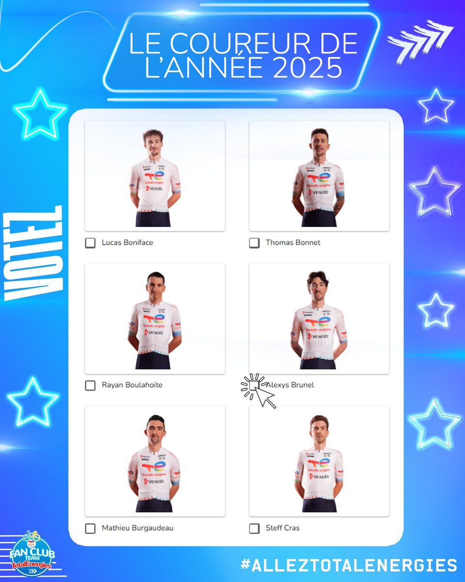 𝐄́𝐥𝐢𝐬𝐞𝐳 𝐥𝐞 𝐜𝐨𝐮𝐫𝐞𝐮𝐫 𝐝𝐞 𝐥'𝐚𝐧𝐧𝐞́𝐞 𝟐𝟎𝟐𝟓
Comme chaque année, on vous propose d'élire le coureur du <a href="/TeamTotalEnrg/">Team TotalEnergies</a>  que vous jugez le plus performant sur la saison 2025.
Qui va succéder à <a href="/EJeanniere/">Emilien Jeannière</a> ?
👉forms.gle/a27de2A1qJCMt4…
⚠️FIN DU SONDAGE MERCREDI 31