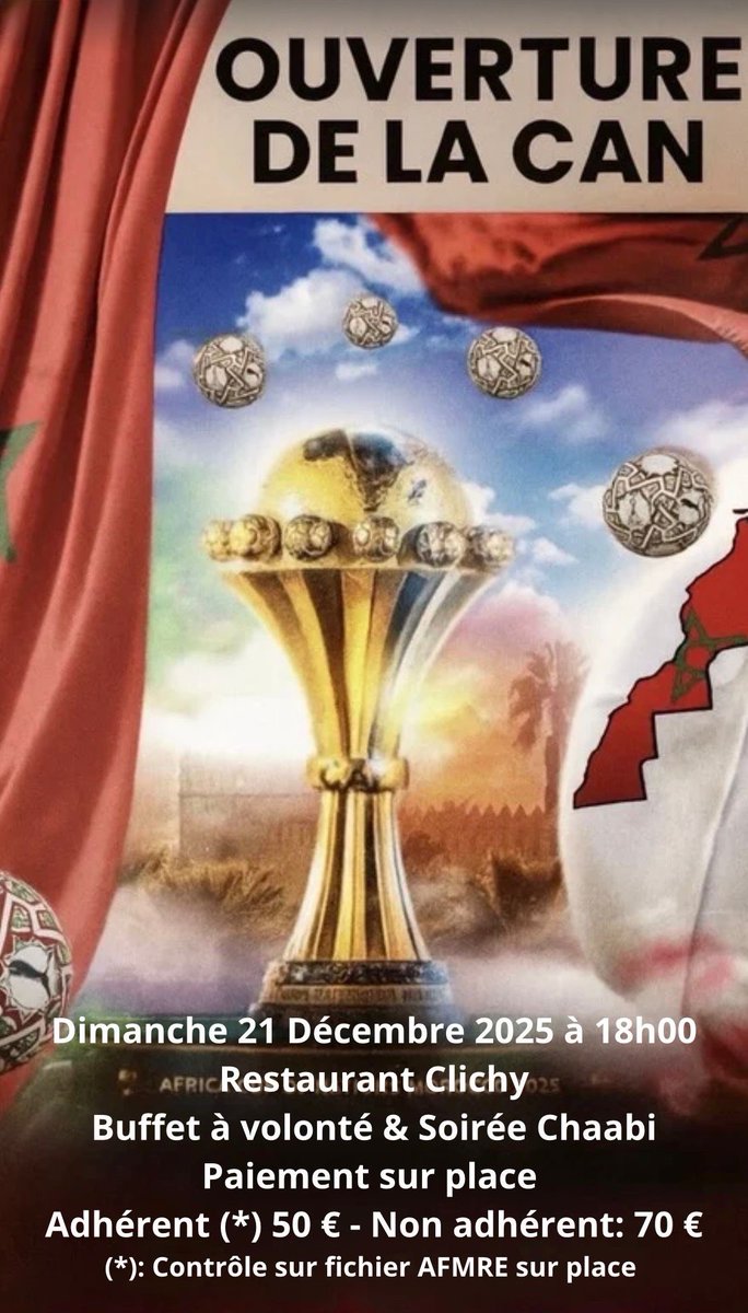 FMRE356172's tweet photo. RDV LE SAMEDI 21 DÉCEMBRE SOIRÉE CHAABI ET OUVERTURE DE LA CAN ❤️🇲🇦❤️🇲🇦 https://t.co/XDdShuXIOr